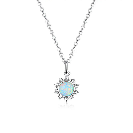 925 Sterling Silver White Opal Sun Pendant Necklace