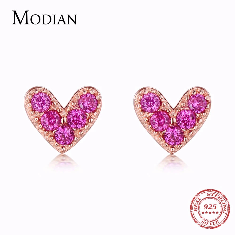 Genuine 925 Sterling Silver Heart Pink Stud Earrings