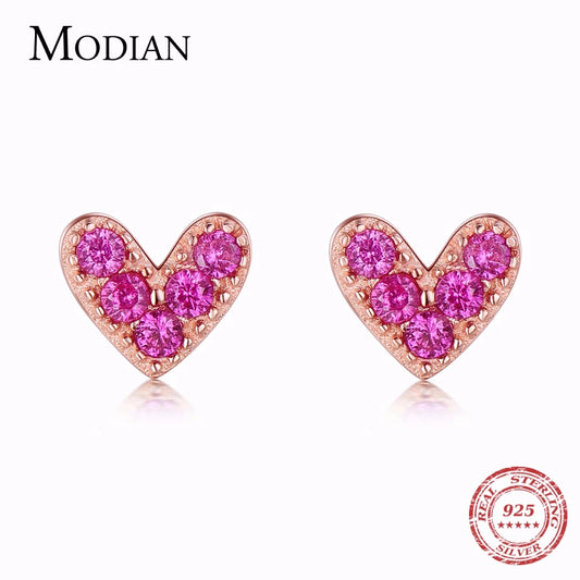 Genuine 925 Sterling Silver Heart Pink Stud Earrings