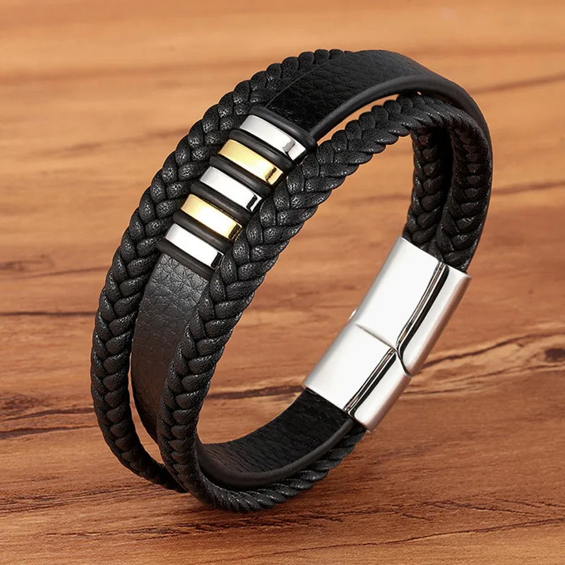 Multilayer Braided Black Leather Bracelet