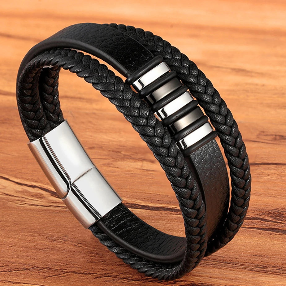 Multilayer Braided Black Leather Bracelet