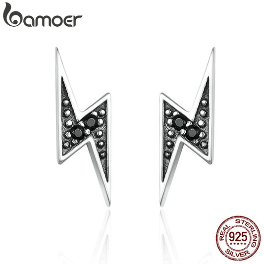 925 Sterling Silver Exquisite Lightning & Black CZ Stud Earrings