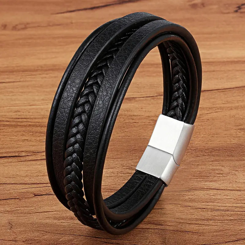 Multilayer Braided Black Leather Bracelet