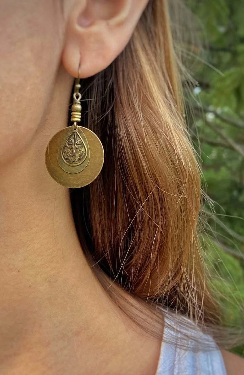 Ethnic Round Bronze Carved Earrings