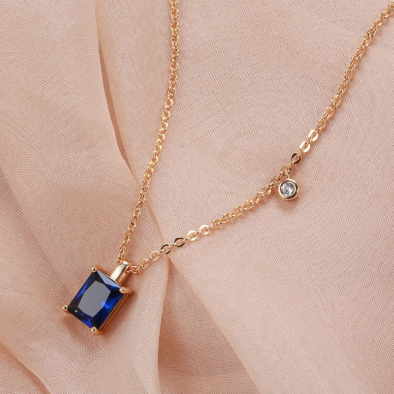 Square Cut Blue Zircon 585 Gold Pendant Necklace