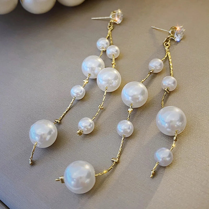 Long Imitation Pearl Tassel Earrings