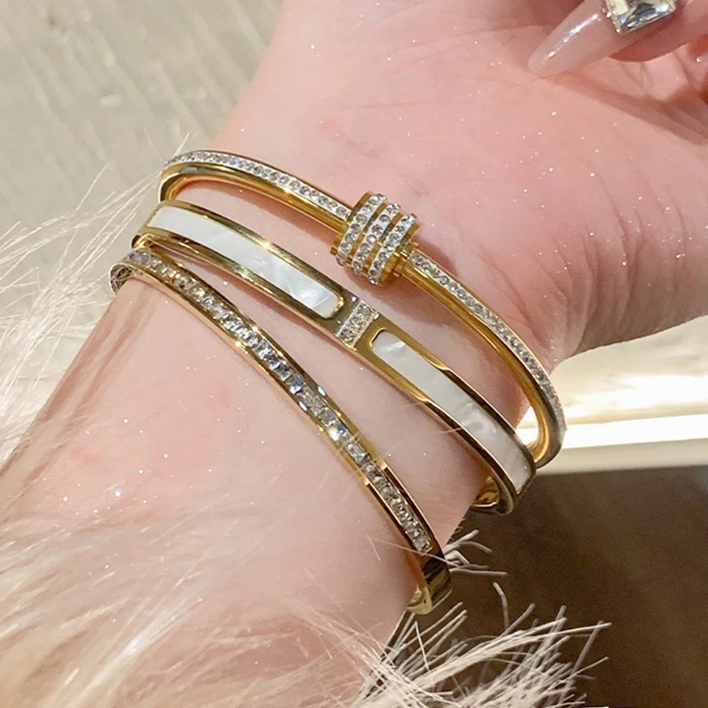 Gold Titanium Bracelet with Zircon