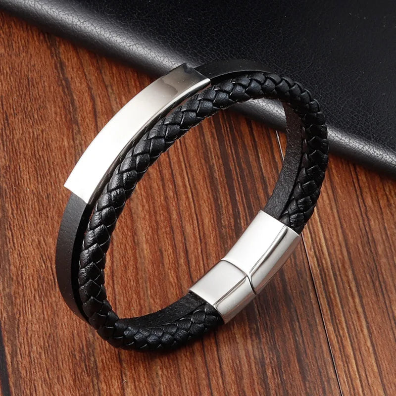 Simple Style Black Genuine Leather Bracelet