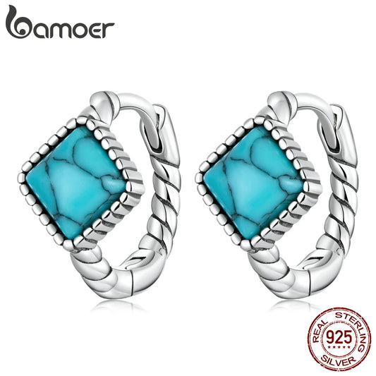 925 Sterling Silver Blue Square Turquoise Earrings