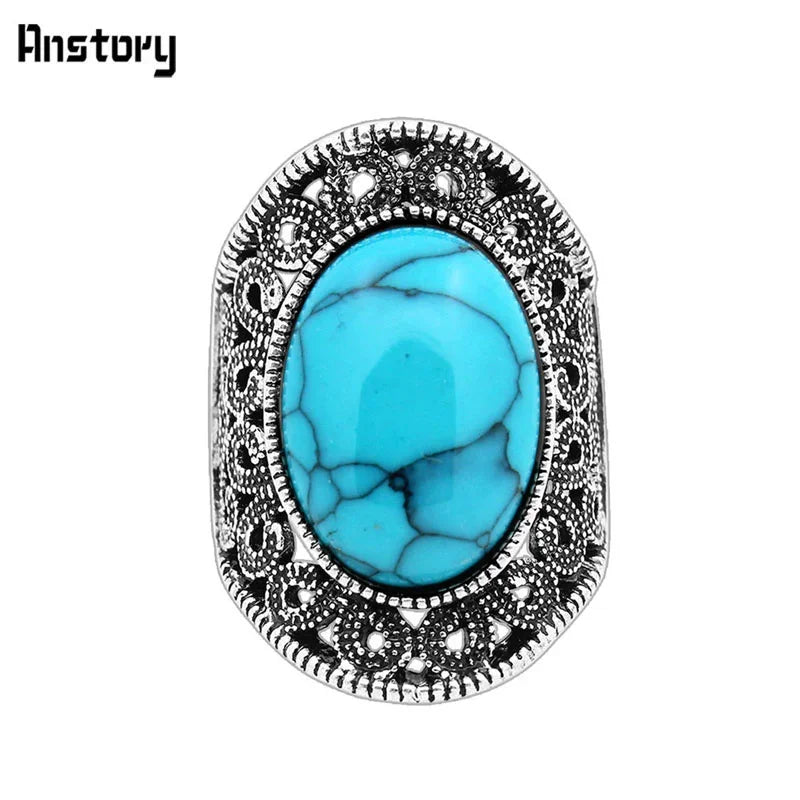 Vintage Hollow Flower Oval Stone Ring